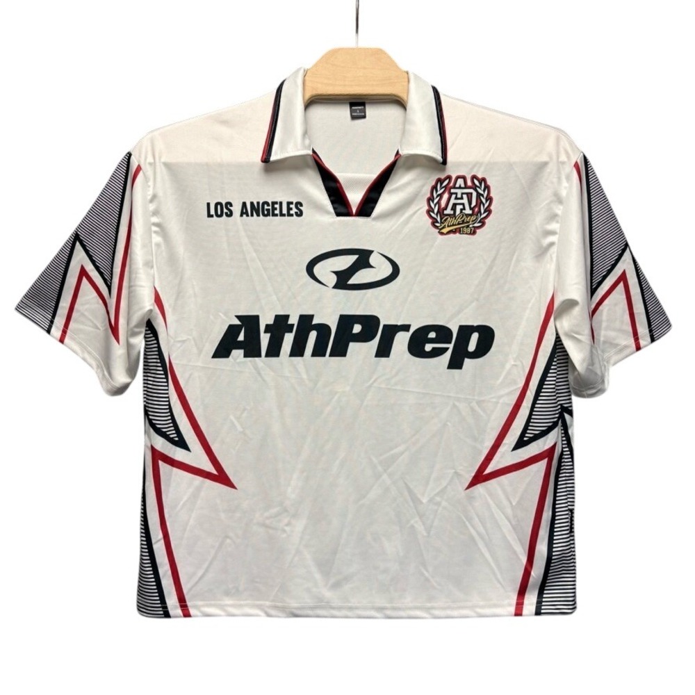 Manfinity AthPrep Los Angeles White Jersey Polo Shirt Mens Large Graphic Striped